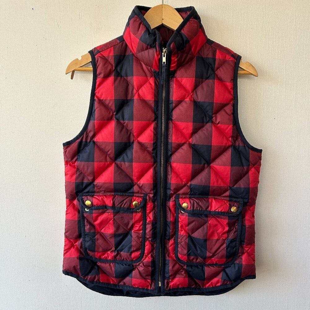J. Crew Puffer Vest Womens Small Red Navy Pockets Full Zip Pockets Down Filled